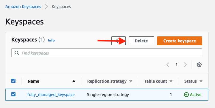 Choose the keyspace you created, and then choose "Delete"