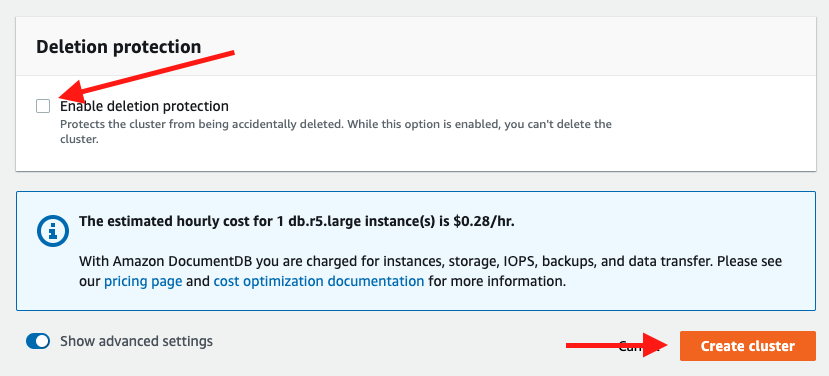 Choose "Create cluster" to create your Amazon DocumentDB database