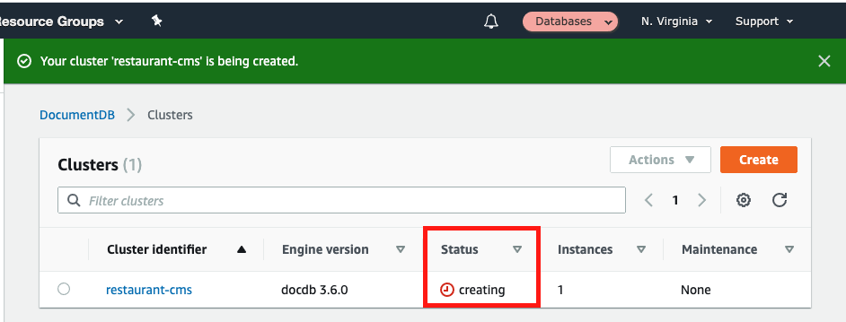 While your instance is being created, it shows a "Status" of "creating"