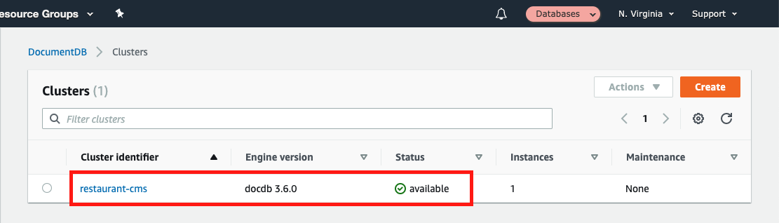 Find the Amazon DocumentDB database you created and choose its "Cluster identifier"
