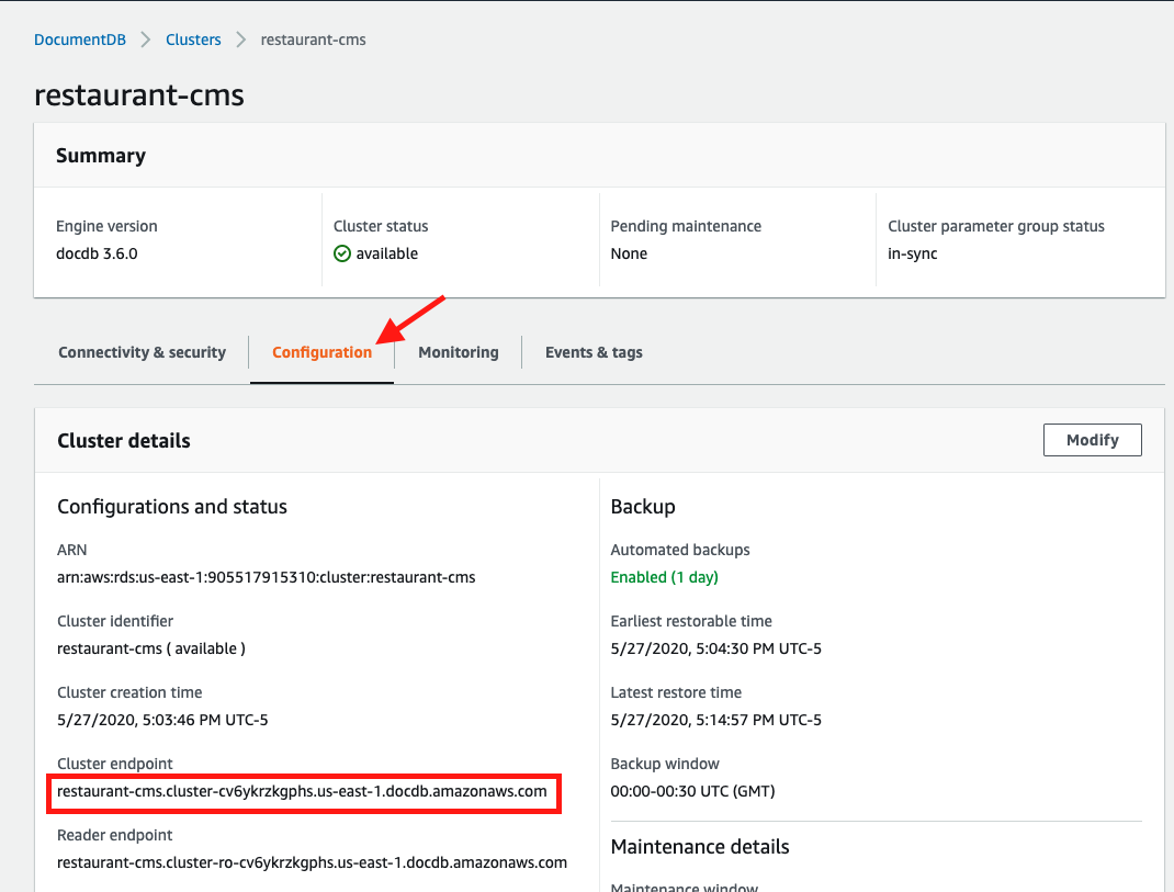 Copy the value of the "Cluster endpoint"