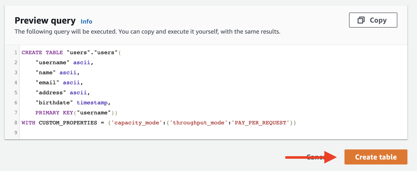 Choose "Create table" to create your table