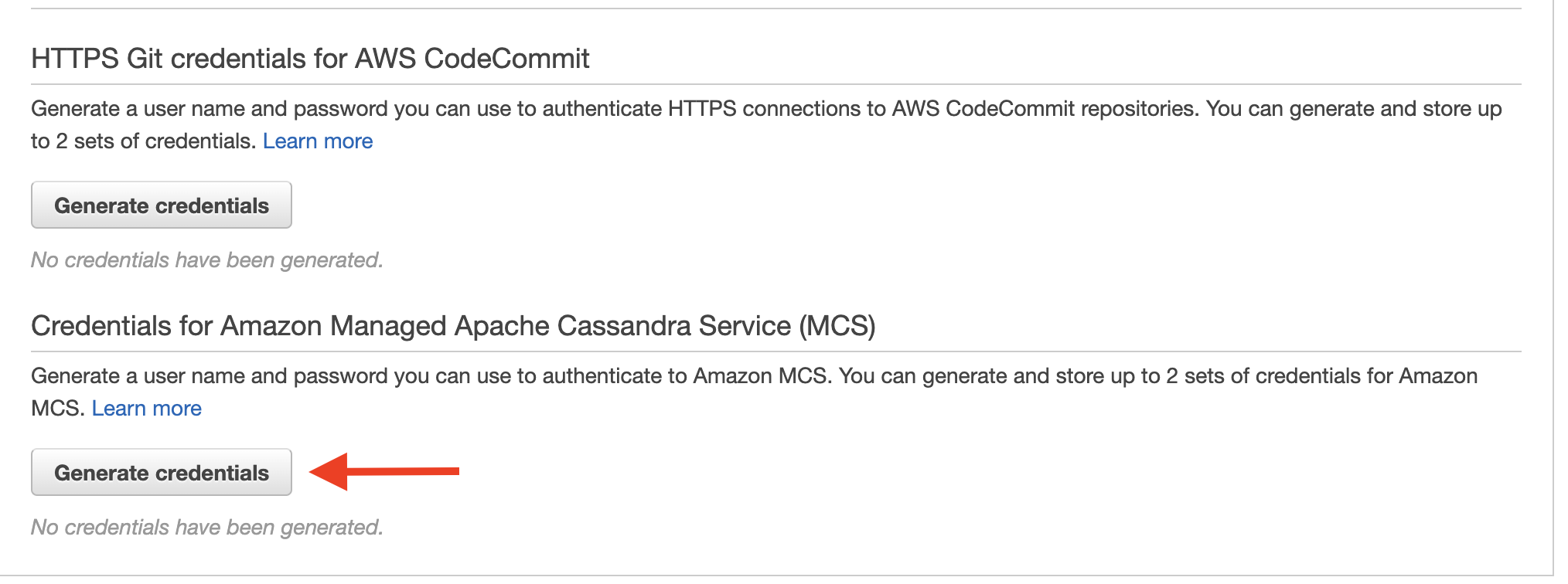 Choose "Generate credentials" to create Amazon Keyspaces credentials for the IAM user