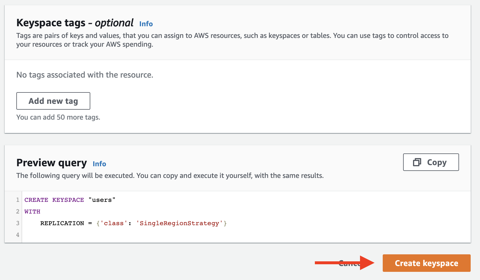 Choose "Create keyspace" to create your keyspace
