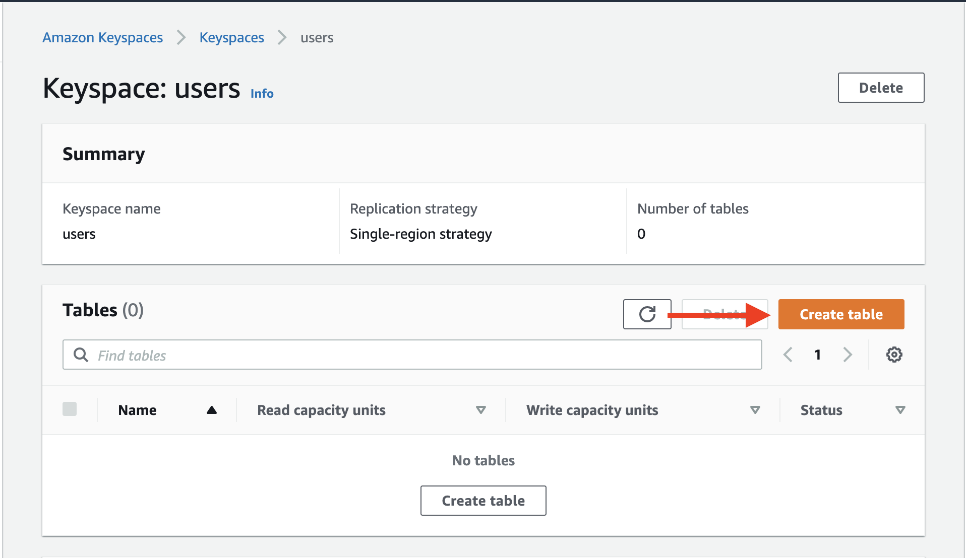 Choose "Create table" to open the table-creation wizard.