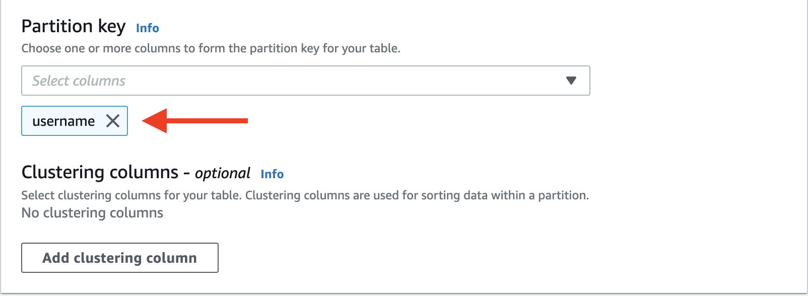 Choose "username" as the partition key