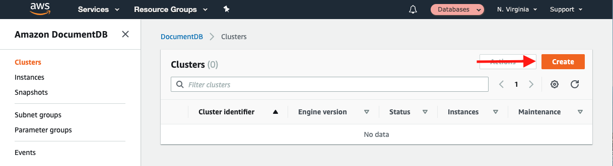 Choose "Create" to create a new cluster