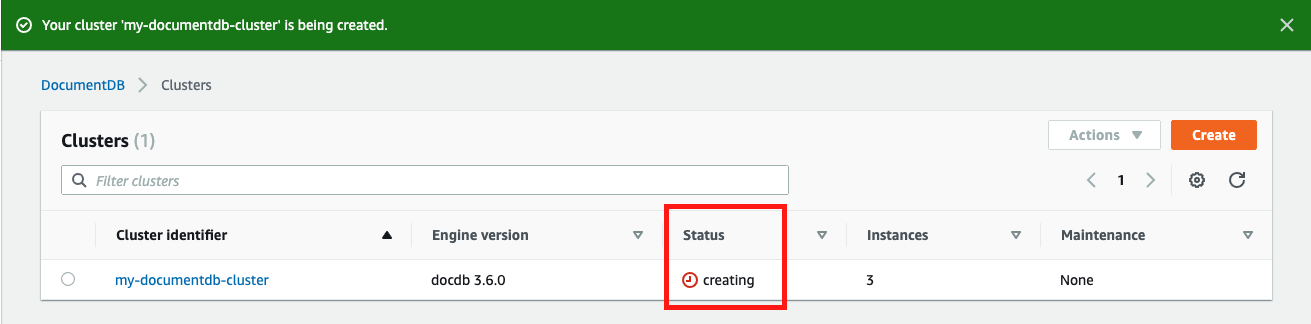 As Amazon DocumentDB provisions your cluster, it should show a "Status" of "creating"