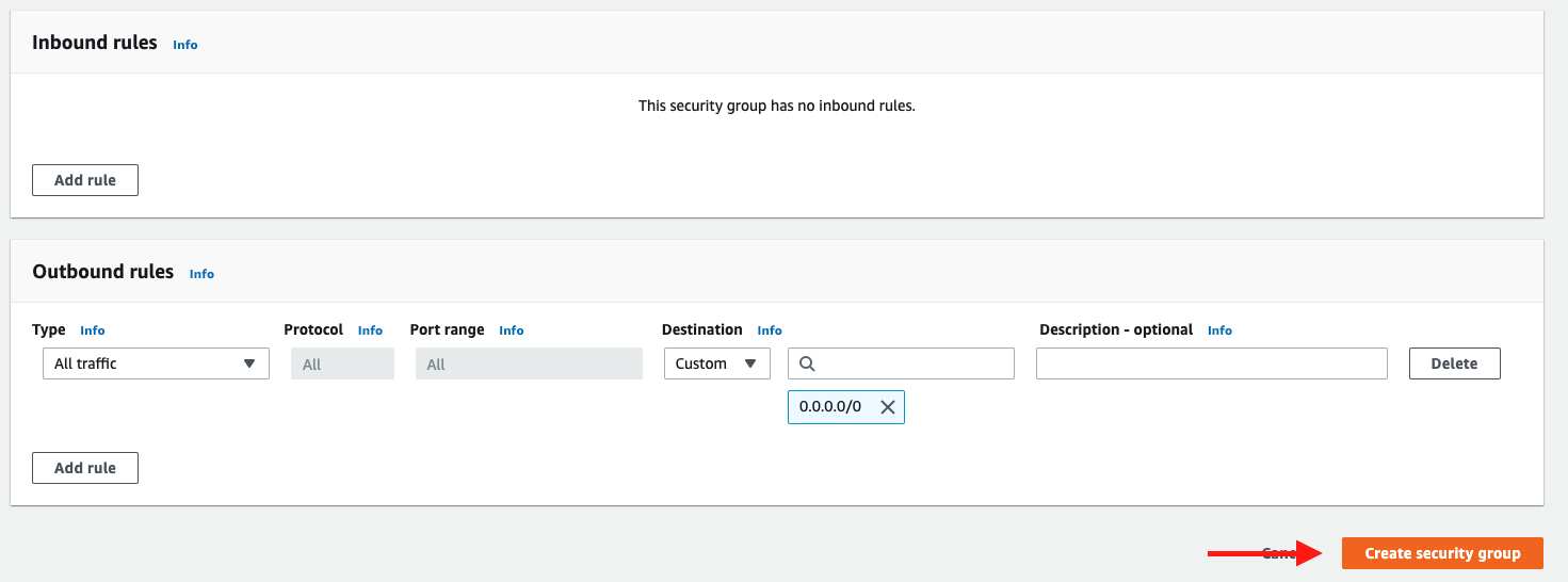 Choose "Create security group" to create your security group