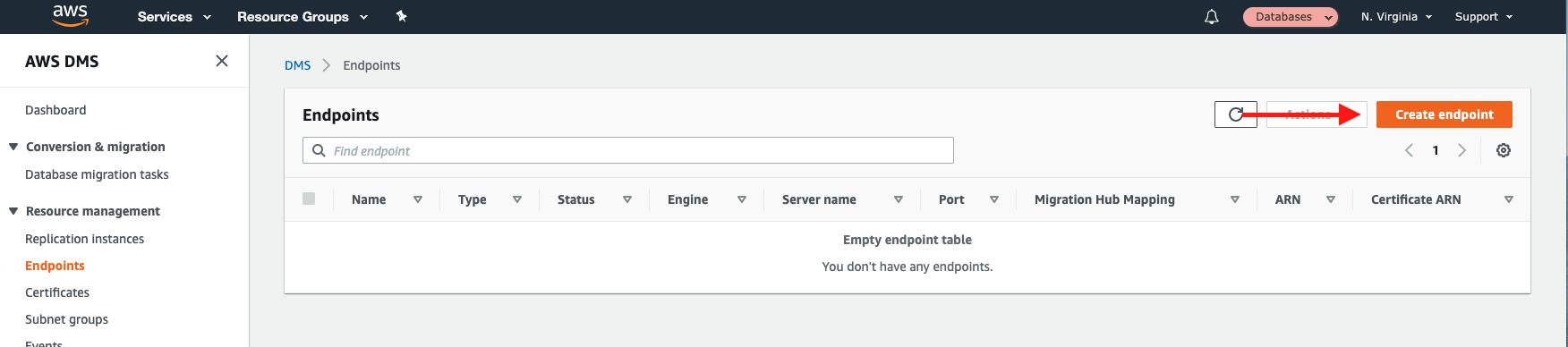 Choose "Create endpoint" to create a new endpoint