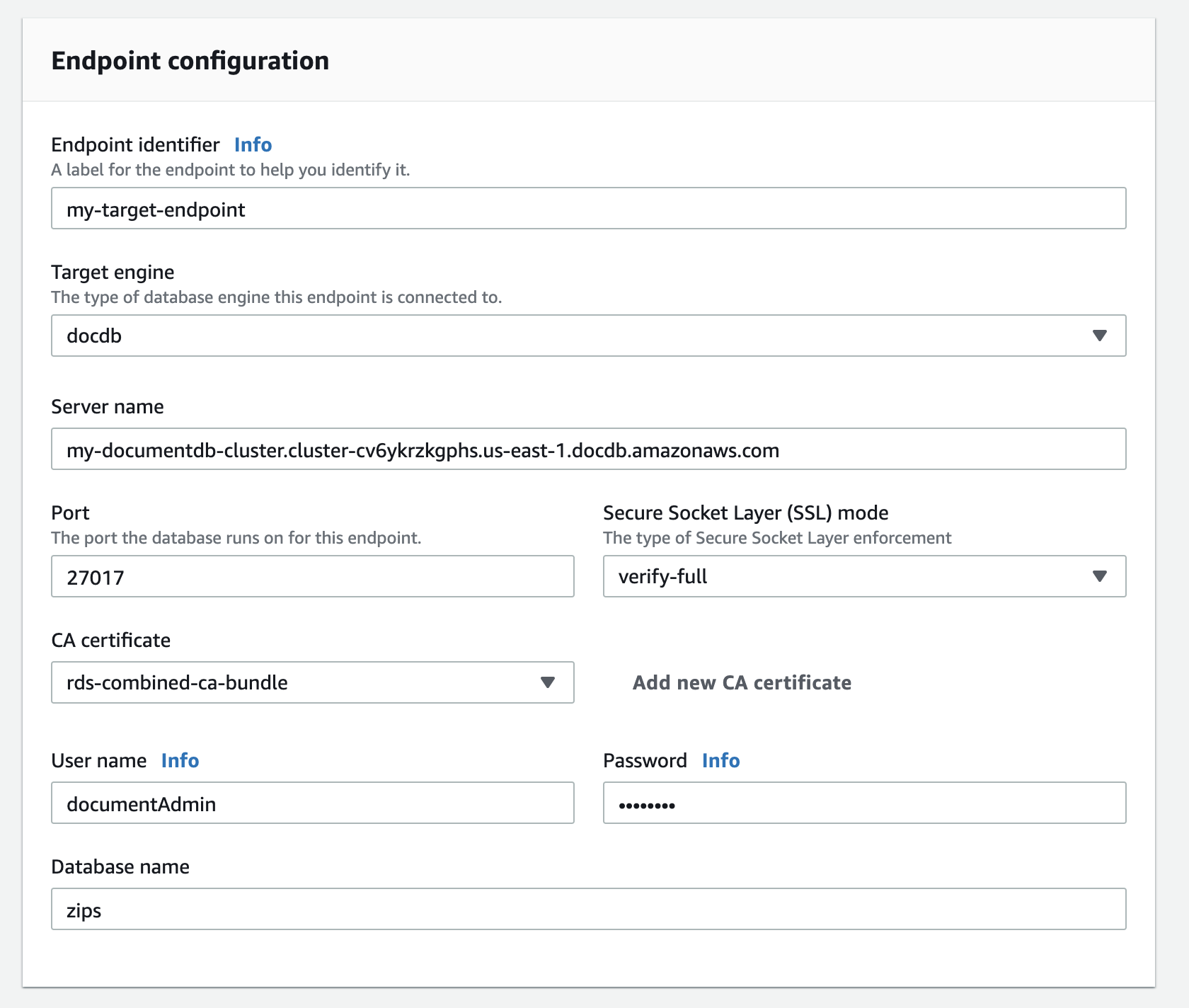 In the "Endpoint configuration" section, enter the details from your Amazon DocumentDB database cluster