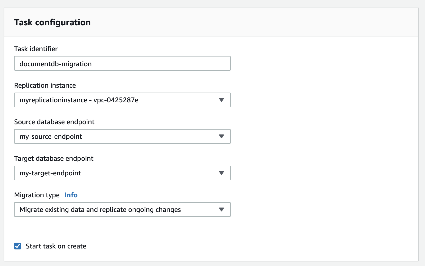 In the "Task configuration" section, set up the parameters of your replication task
