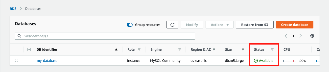 When your database is ready to use, its "Status" is "Available"
