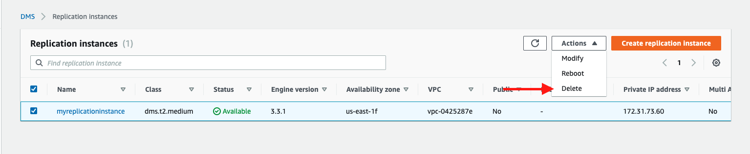 If your replication instance is not being used for any other replication tasks, choose it and then choose "Delete"