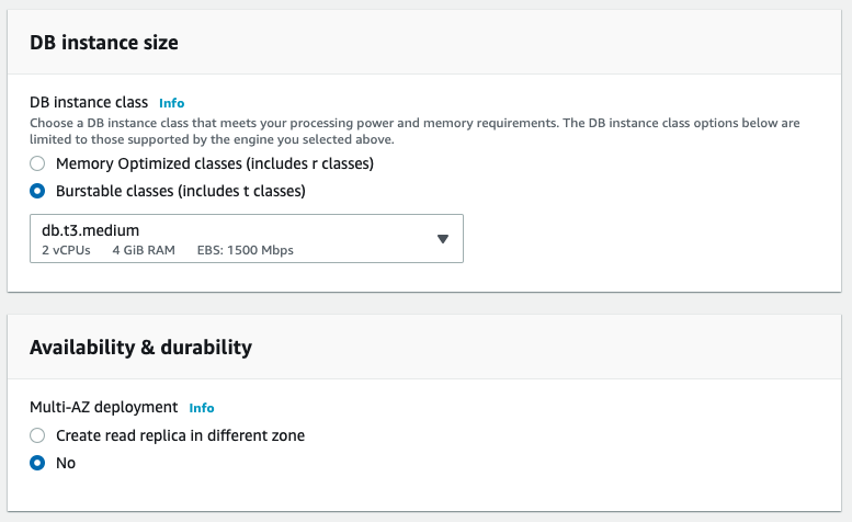 Retain the "DB instance size" defaults