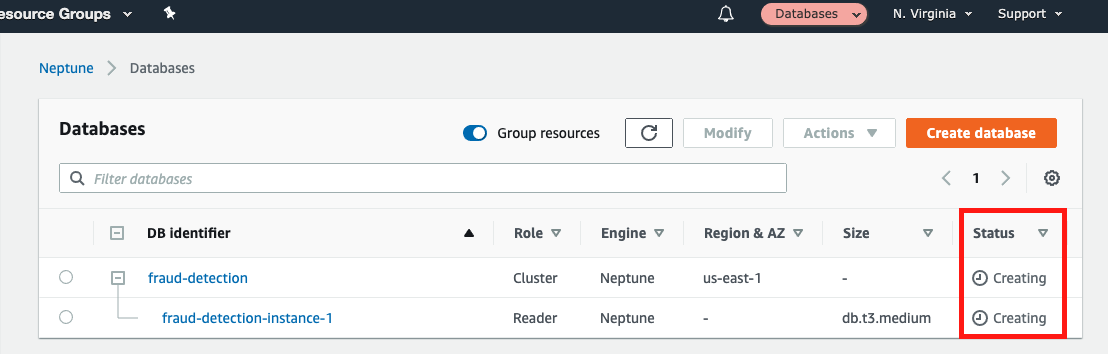 As your database is being provisioned, its "Status" is "Creating"