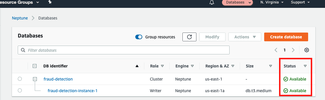 When your database is ready, its "Status" is "Available"