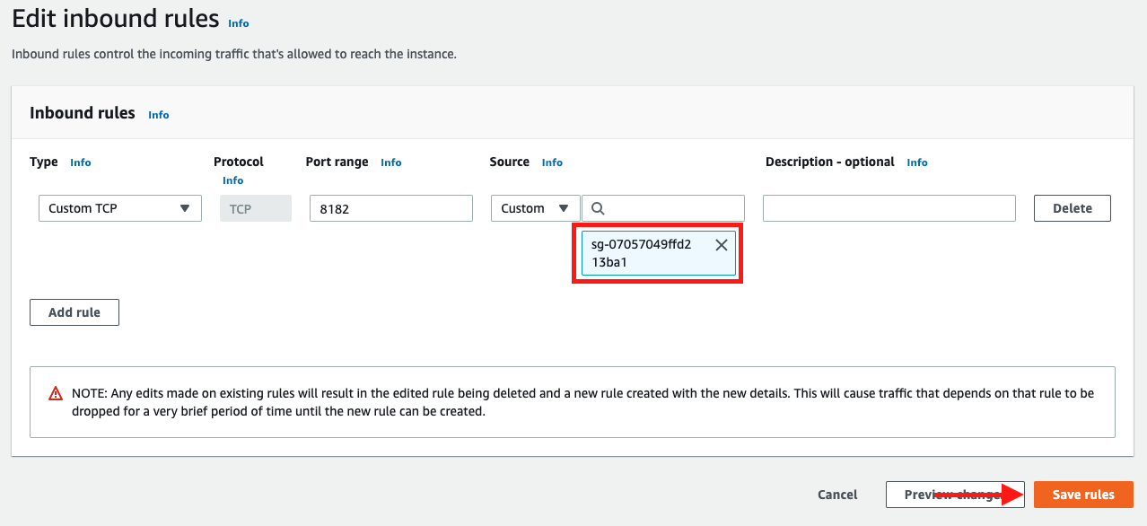 Edit the "Source" value so that it uses the AWS Cloud9 security group instead