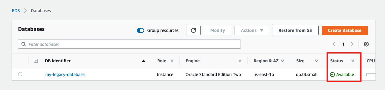 When your database is ready to use, its "Status" is "Available"