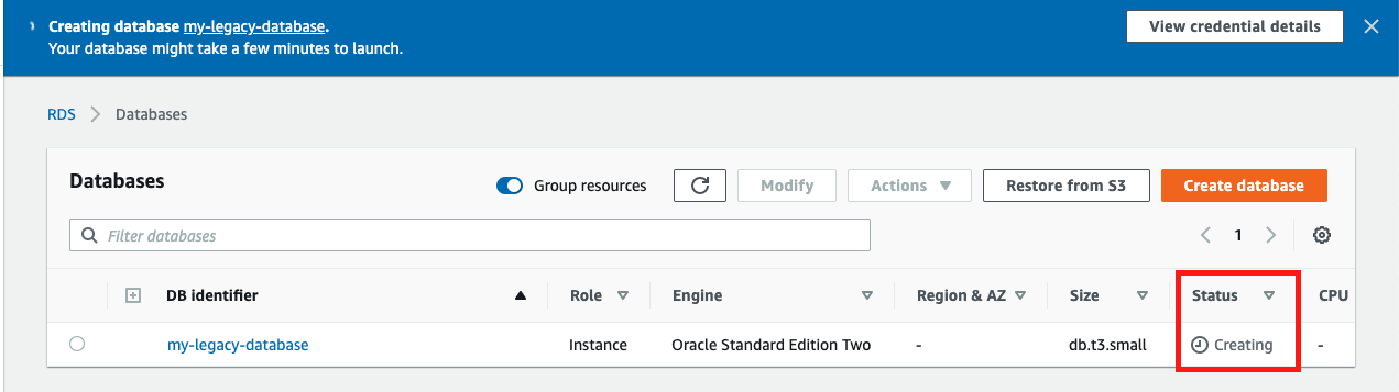 As Amazon RDS is provisioning your infrastructure and initializing your database, the "Status" of your database is "Creating"