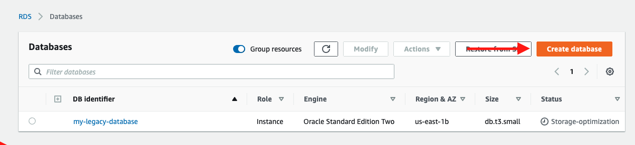 In the Amazon RDS console, choose "Create database"