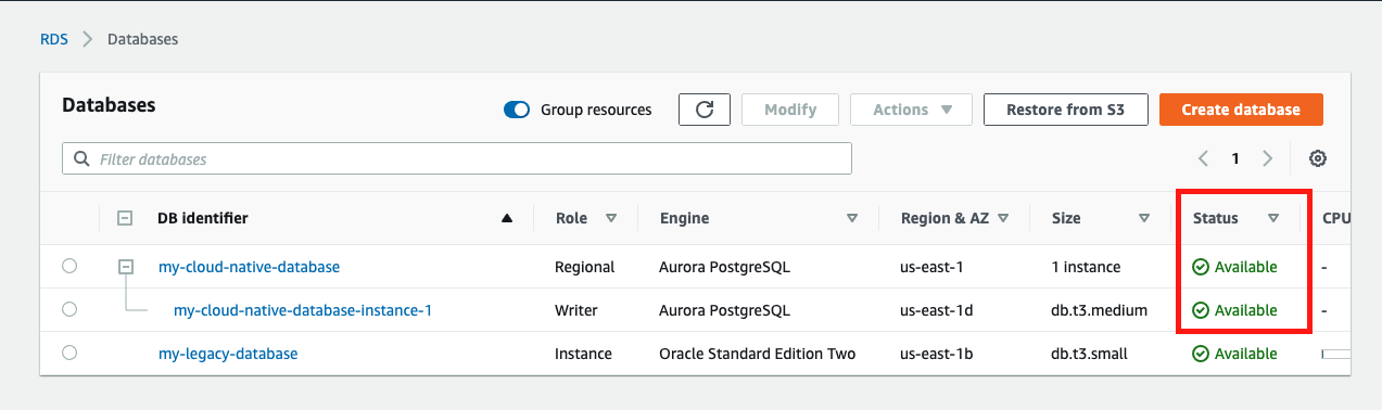 When your database is ready to use, its "Status" is "Available"