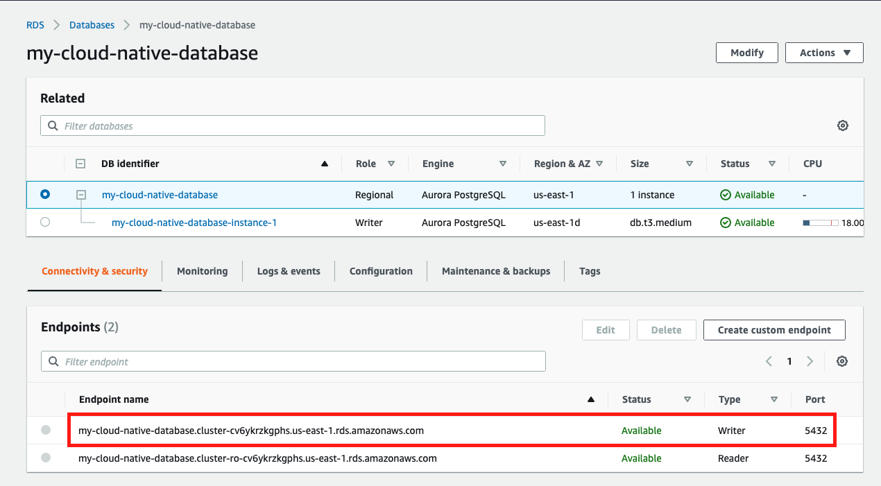 Save the value for your "Writer" endpoint because you need it in the next module