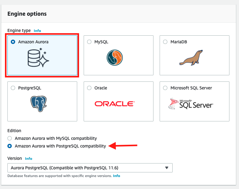In the "Engine options" section, choose "Amazon Aurora" as your "Engine type" and then choose "Amazon Aurora with PostgreSQL compatibility" as the "Edition"