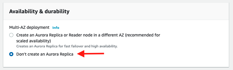 Because this is a tutorial, you can choose "Don't create an Aurora Replica"