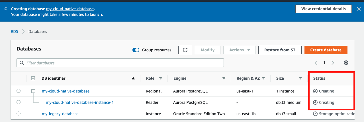As Amazon RDS is provisioning your infrastructure and initializing your database, the "Status" of your database is "Creating"