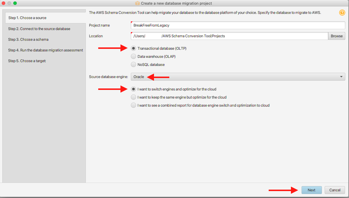 Give your project a name and indicate that you're migrating a "Transactional database (OLTP)" and then choose "Oracle" as the "Source database engine"