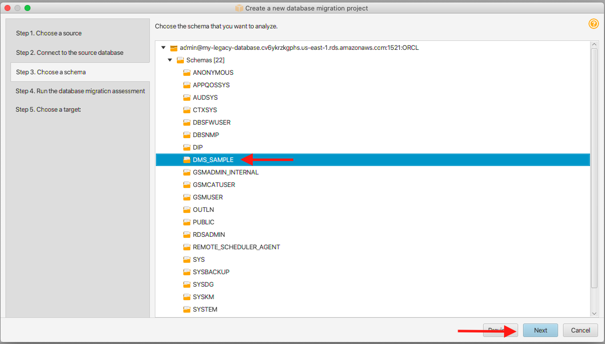 Choose "DMS_SAMPLE" and then choose "Next"