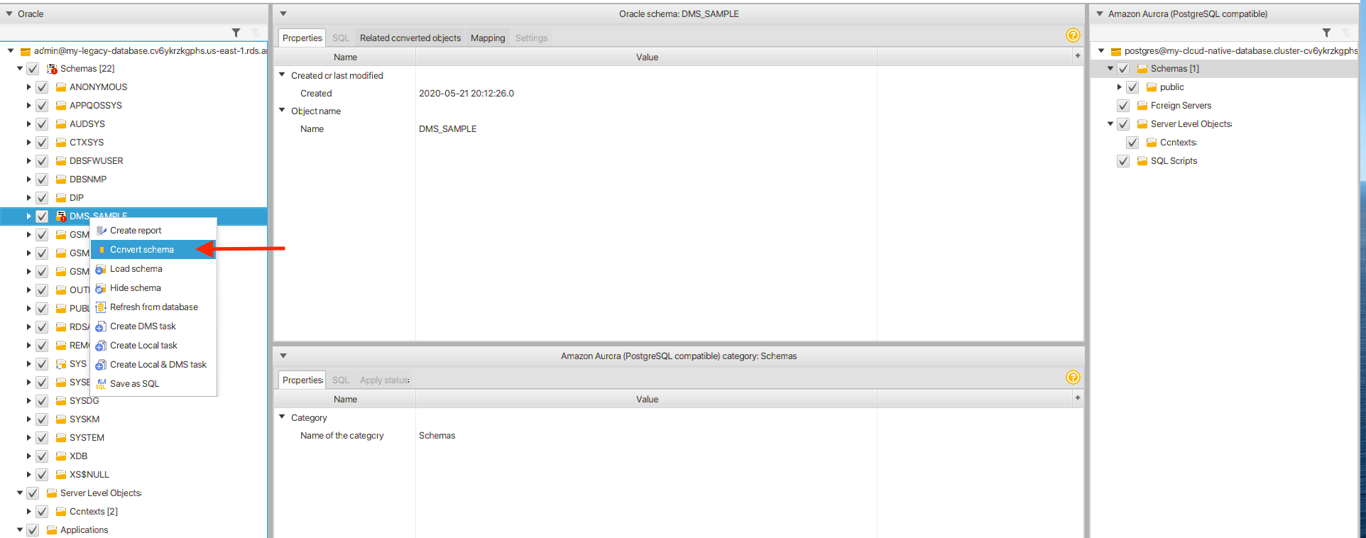 Right-click the "DMS_SAMPLE" schema on the left side and choose "Convert schema"