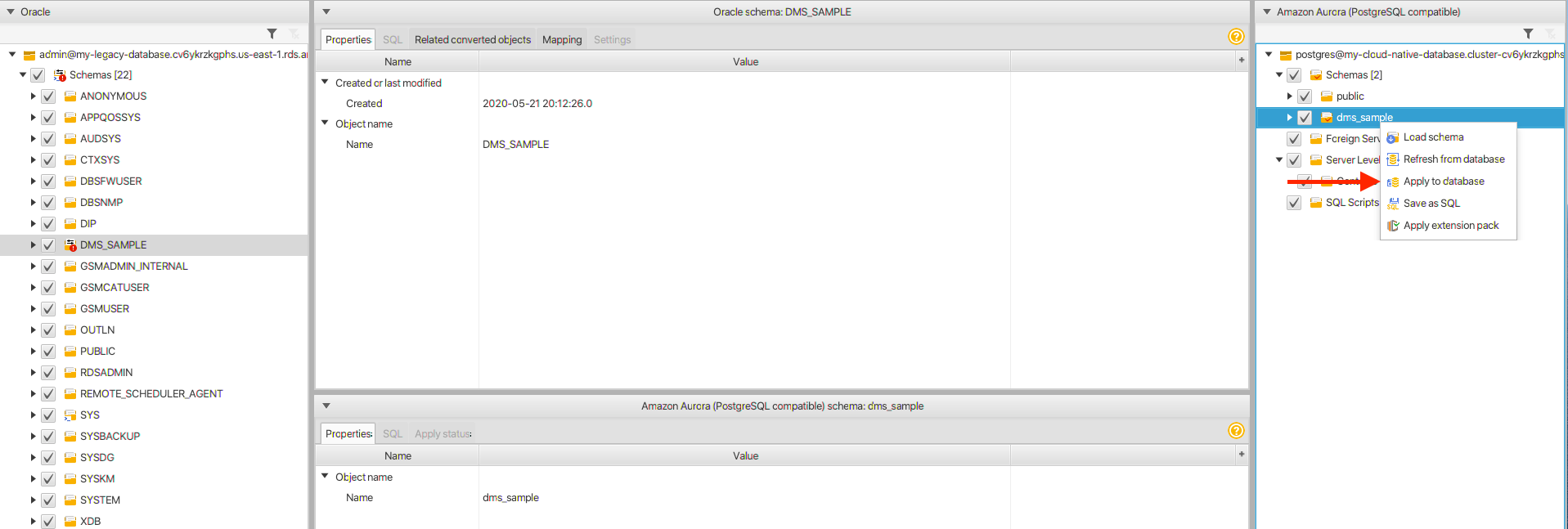 Right-click "dms_sample" on the right side in your Aurora database and choose "Apply to database"