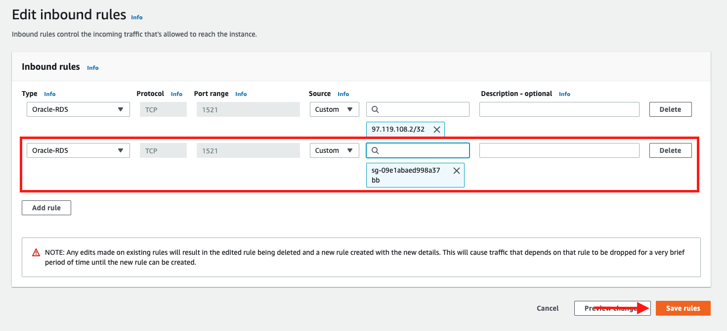 Choose "Save rules" to save the updated rules for your security group