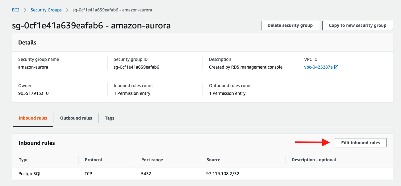 Choose to "Edit inbound rules" for your security group