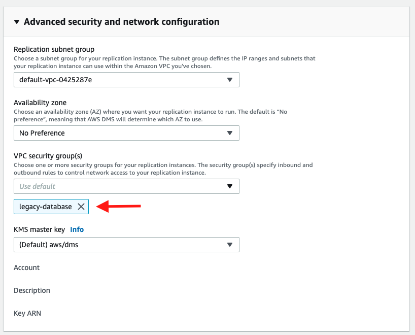 For the "VPC security group(s)" configuration, choose the same security group that you attached to your Oracle database