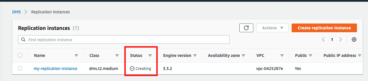 AWS provisions your replication instance and shows a "Status" of "Creating" while AWS provisions and initializes your instance