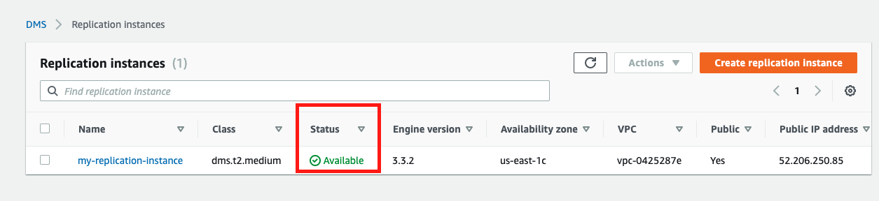 When your replication instance is ready, its "Status" is "Available"
