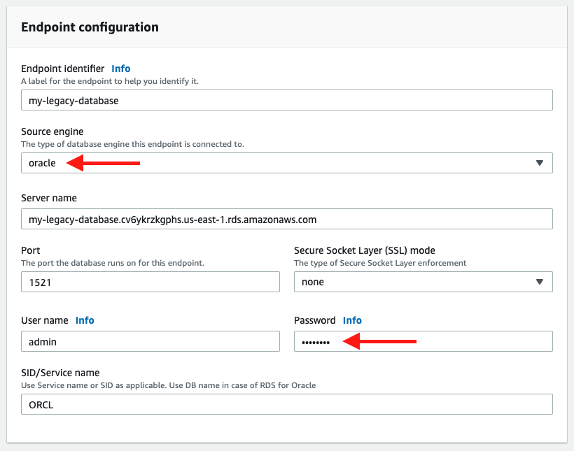 In the "Endpoint configuration" section, choose the "Source engine" of "oracle"