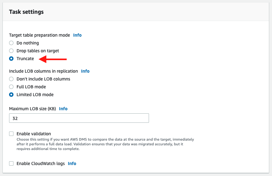 In the "Task settings" section, there is a setting called "Target table preparation mode"--choose "Truncate"