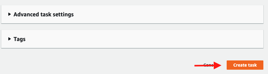 Choose "Create task" to create the replication task