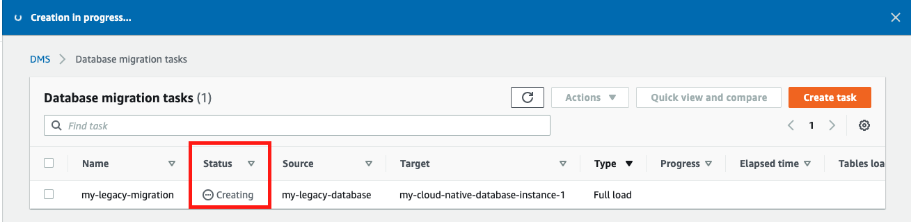 The replication task is shown in the "Database migration tasks" section with a "Status" of "Creating"