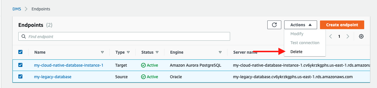 Choose both your source endpoint and your target endpoint, and then choose "Delete"