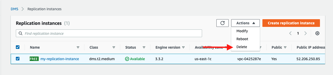 If your replication instance is not being used for any other replication tasks, choose it and then choose "Delete"