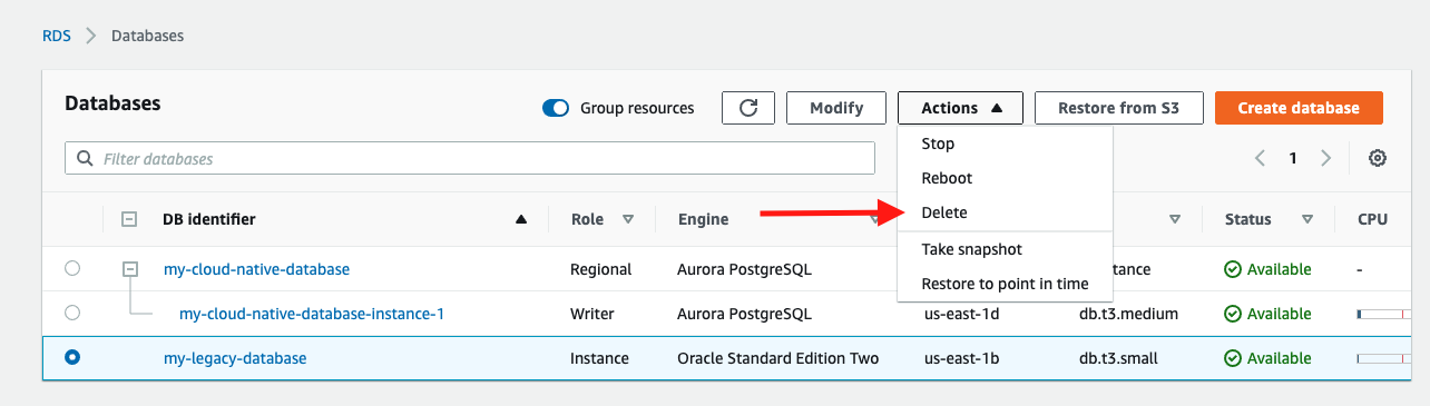 Navigate to the Amazon RDS console, choose your Oracle database, and then choose "Delete"