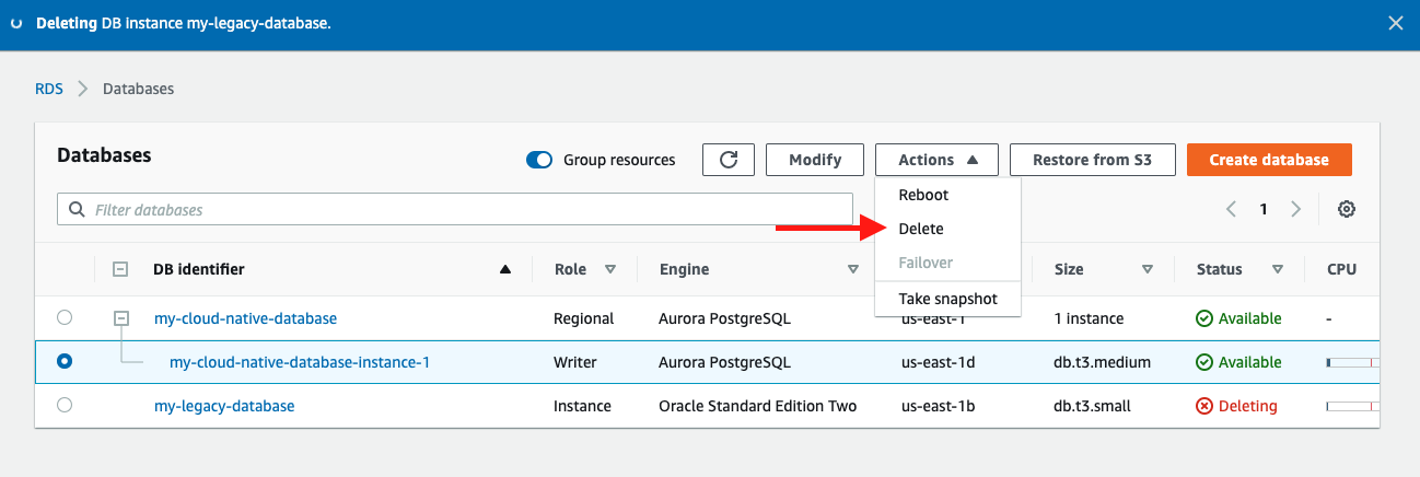 Choose the "Writer" instance of your Aurora database cluster and then choose "Delete"