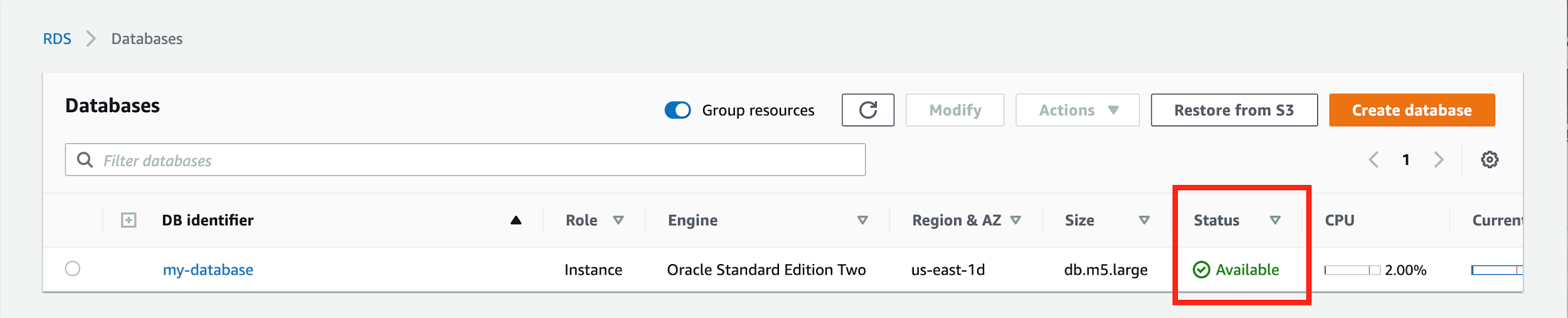 When your database is ready to use, its "Status" is "Available"