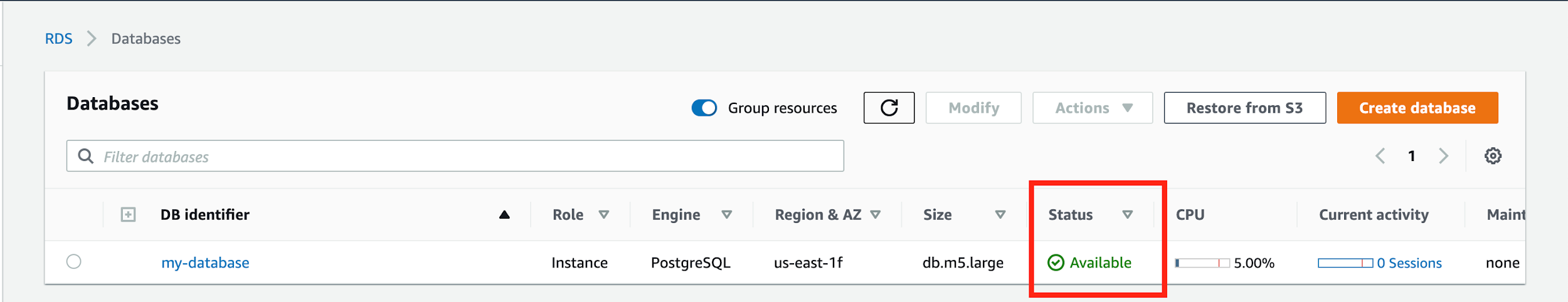 When your database is ready to use, its "Status" is "Available"