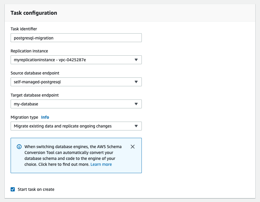 In the "Task configuration" section, set up the parameters of your replication task